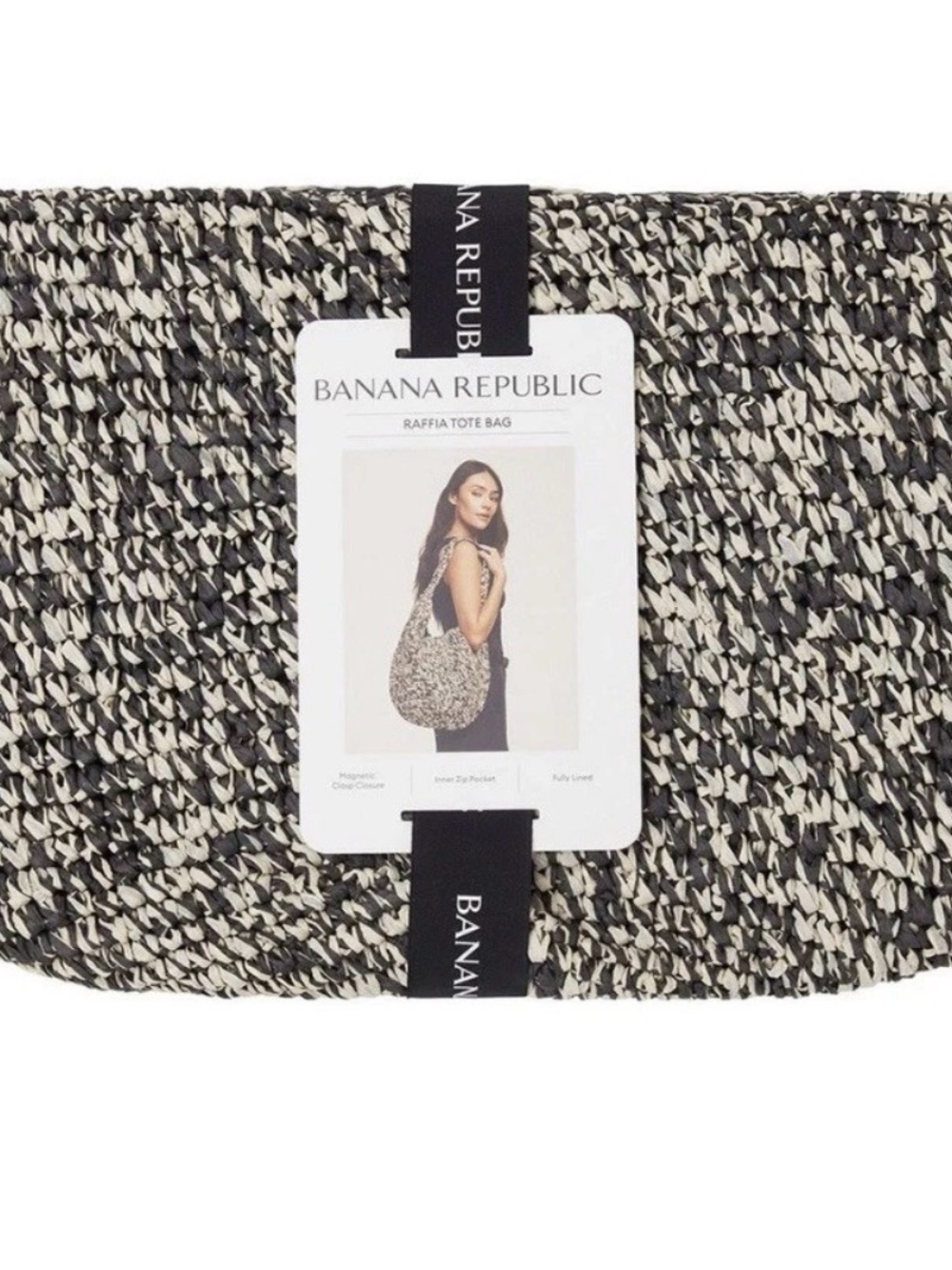 Banana Republic Raffia Tote Bag Black/Ivory Magnetic Closure Lined, Pockets